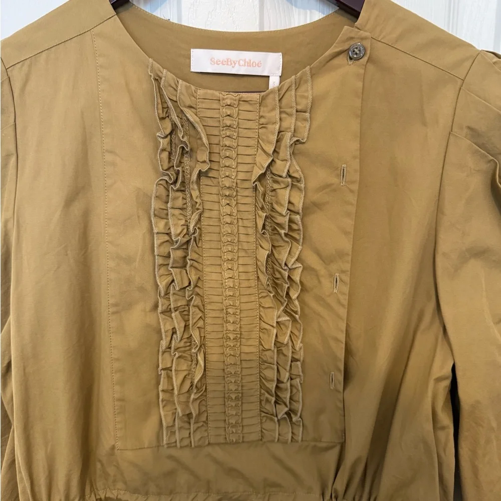 SEE BY CHLOÉ Khaki Puff-shoulder Cinched-waist Tie Ruffle Dress Size 8 - Picture 5 of 6